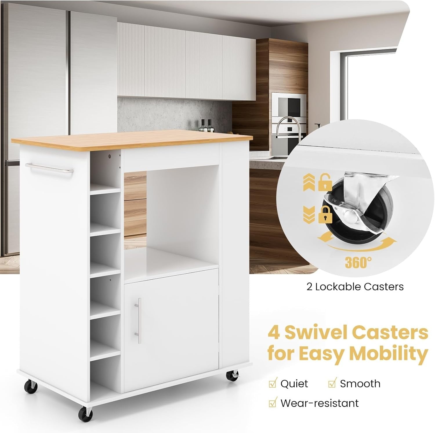 Kitchen Island on Wheels Bamboo Top Wine Rack Cabinet