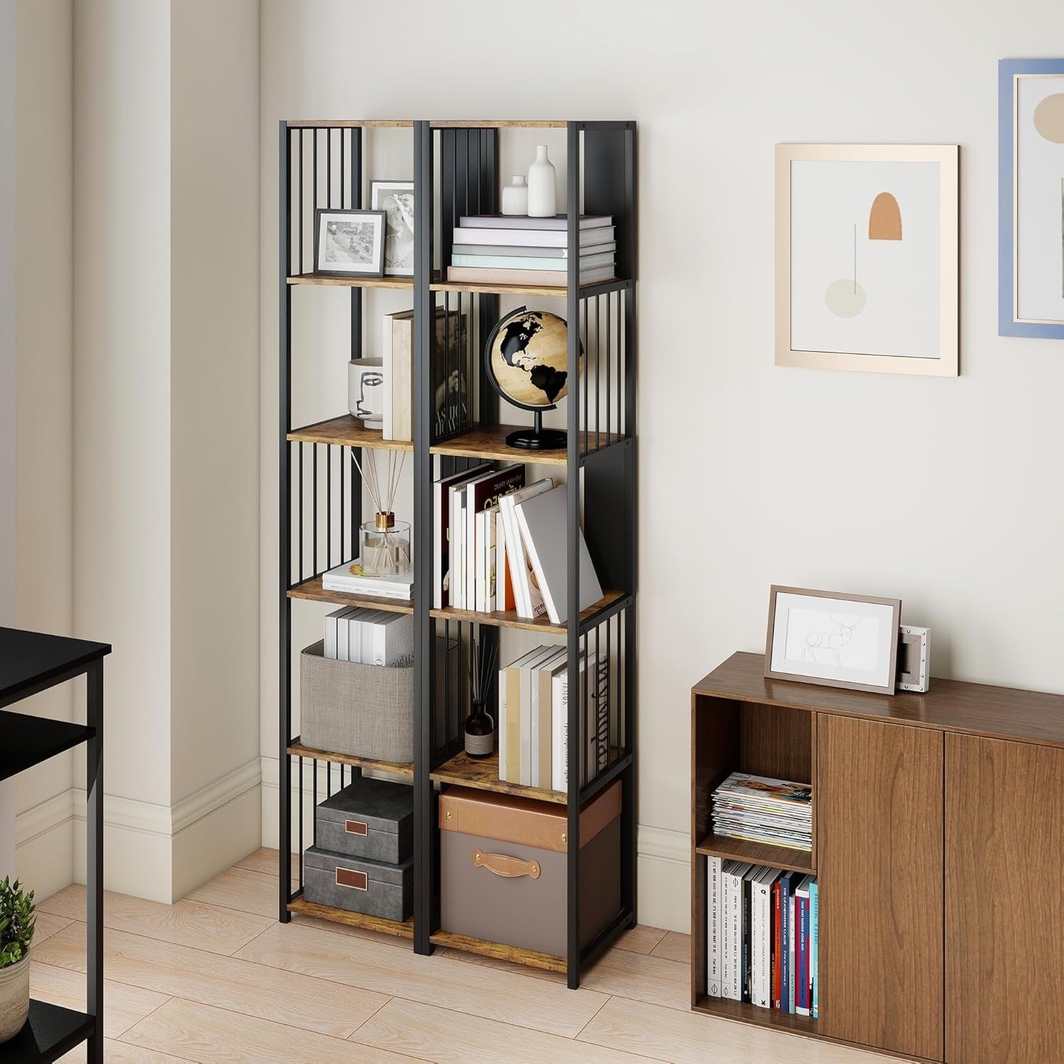 Tall 5-Tier Industrial Bookcase with Steel Frame & Open Shelves – Rustic Brown