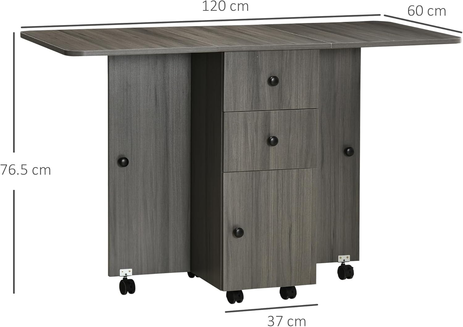 Folding Drop Leaf Dining Table 4-6 Seater on Wheels with Storage Grey