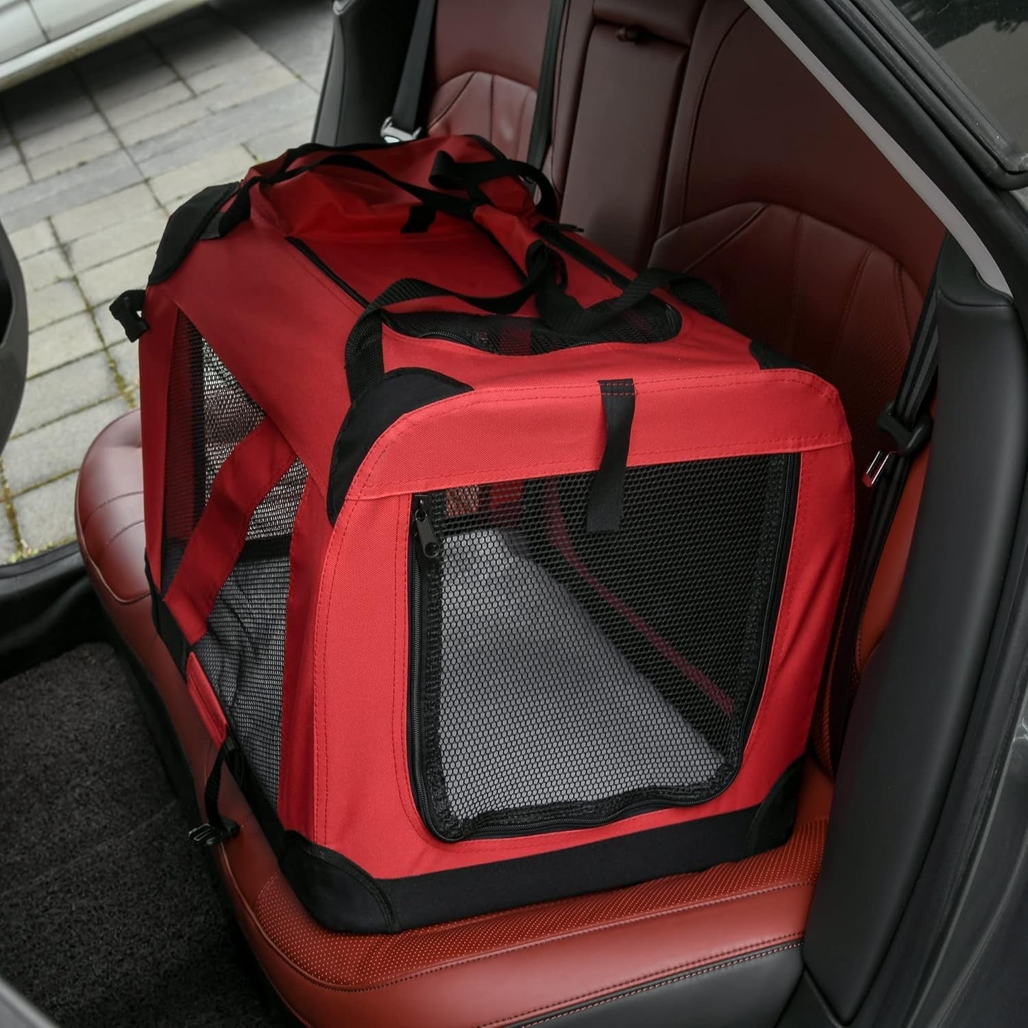 Portable Folding Soft Pet Crate 60x42x42cm with Padded Bed & Mesh Windows
