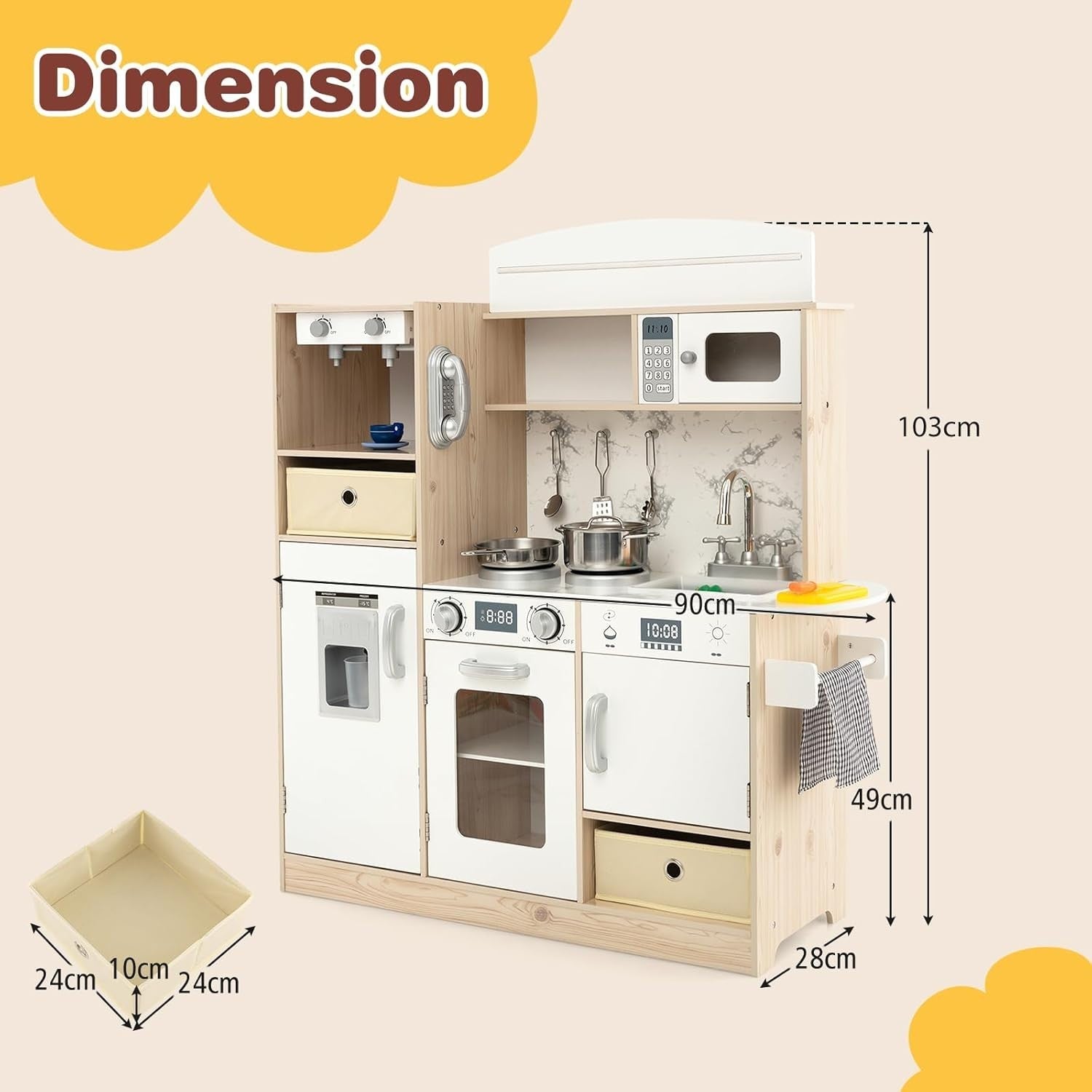 Kids Wooden Play Kitchen LED Lights Coffee Maker Accessories Set