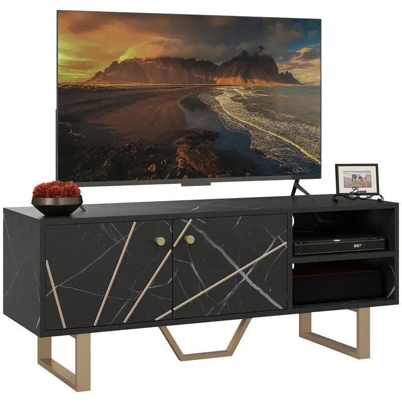 Modern Black Marble TV Unit Cabinet Stand for 50" Screen with Storage