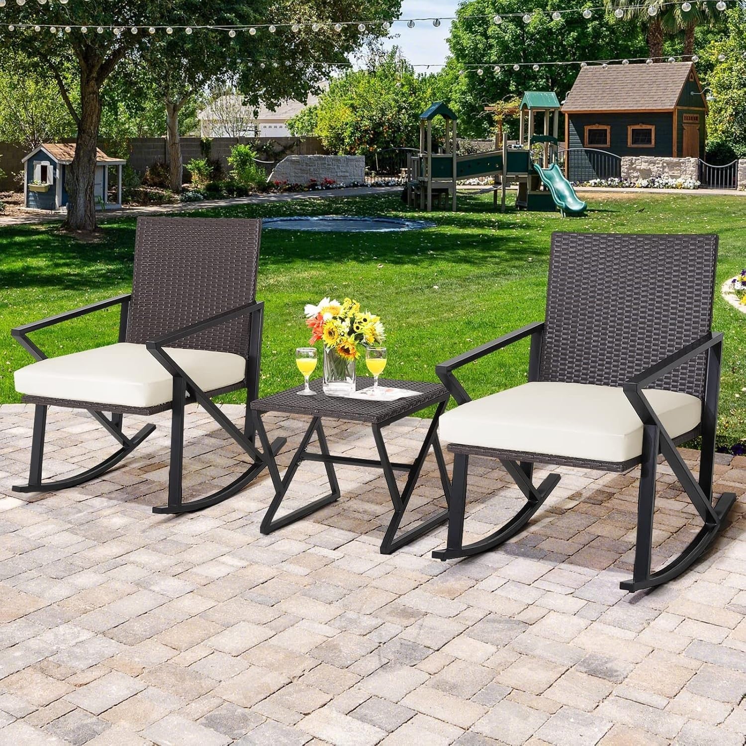 3-Piece Outdoor Patio Rattan Bistro Set Rocking Chairs with Cushions & Table