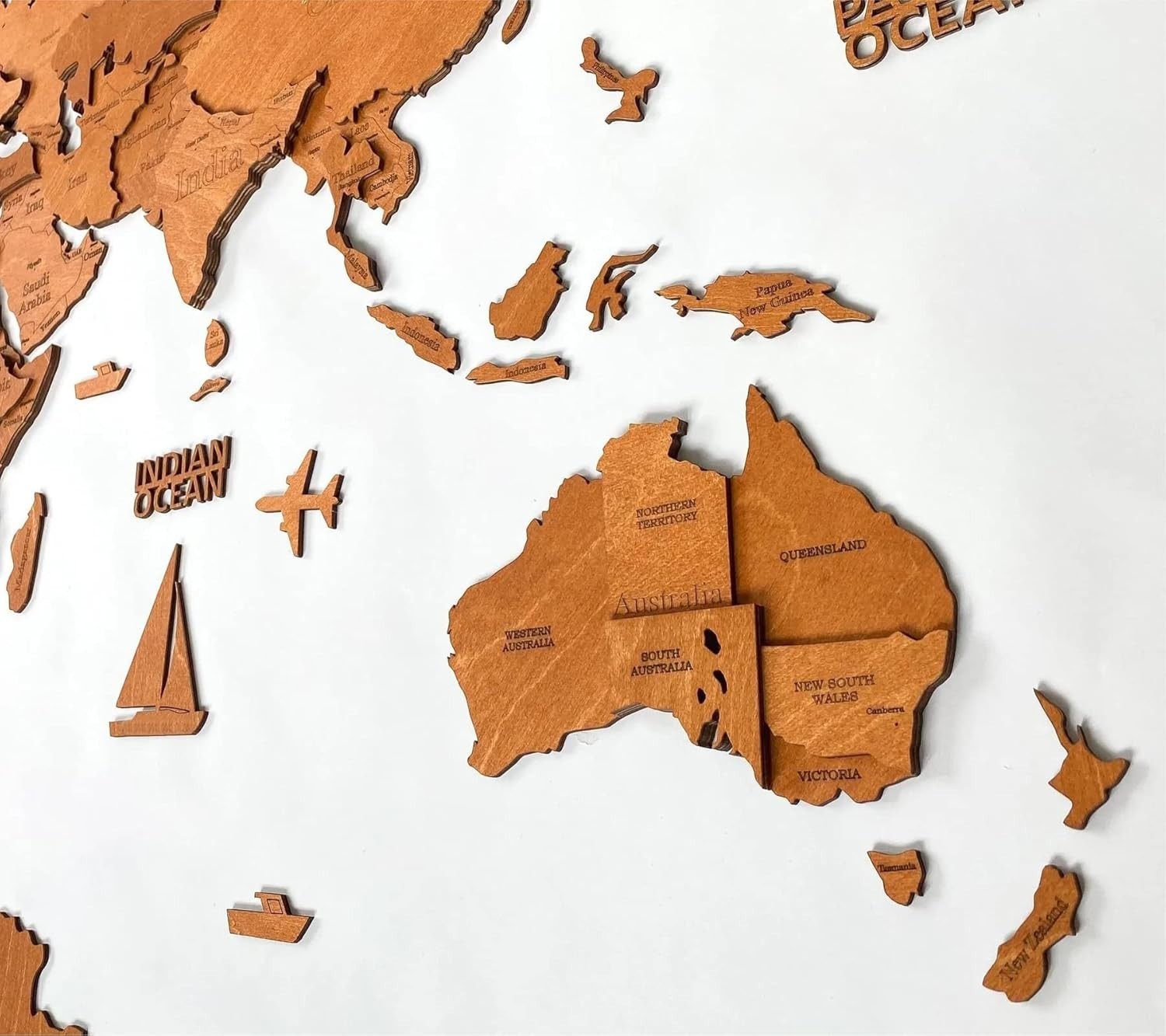 3D Wooden World Map Wall Art Walnut Travel Decor 120x62cm