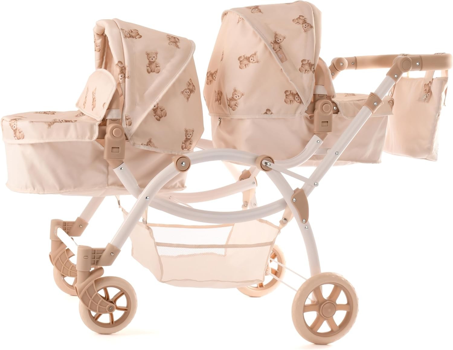 Twin Dolls Pram Adjustable Handle 50–88cm, 2 in 1 Carrycot Seats, Cream
