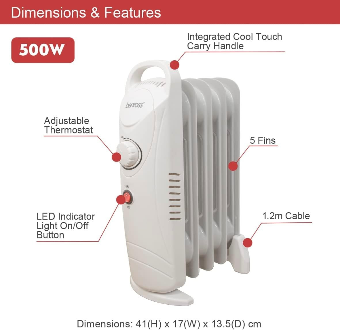 Mini 5-Fin Oil Filled Radiator 500W Low Energy Portable Heater White