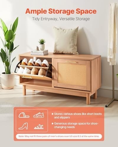 VEVOR Rattan Shoe Bench with Flip Drawers – 4-Compartment Storage Seat 100cm