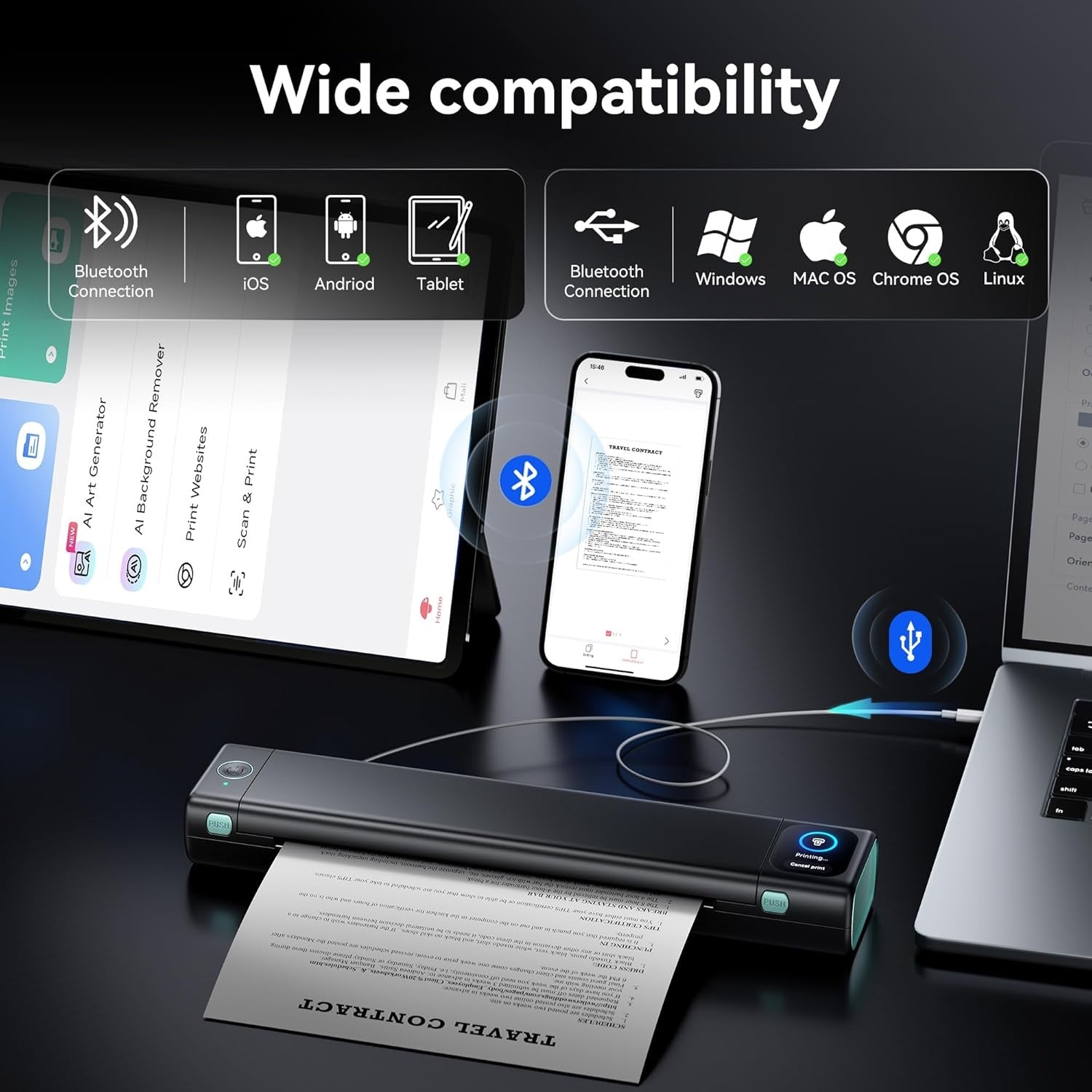Portable Bluetooth Thermal Printer Touchscreen US Letter A4