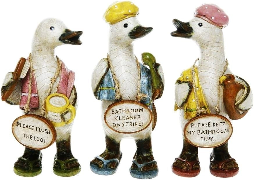 Bathroom Rules Duck Ornaments Set of 3 – Funny Shabby Chic Decor Figurines