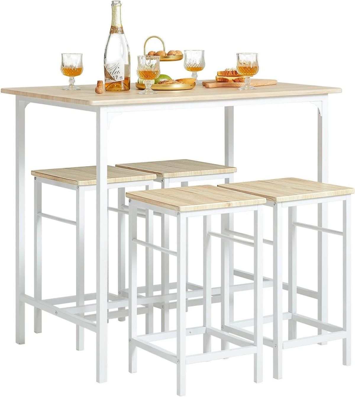 5-Piece Breakfast Bar Table Set with 4 Stools, Space Saving Dining White Natural
