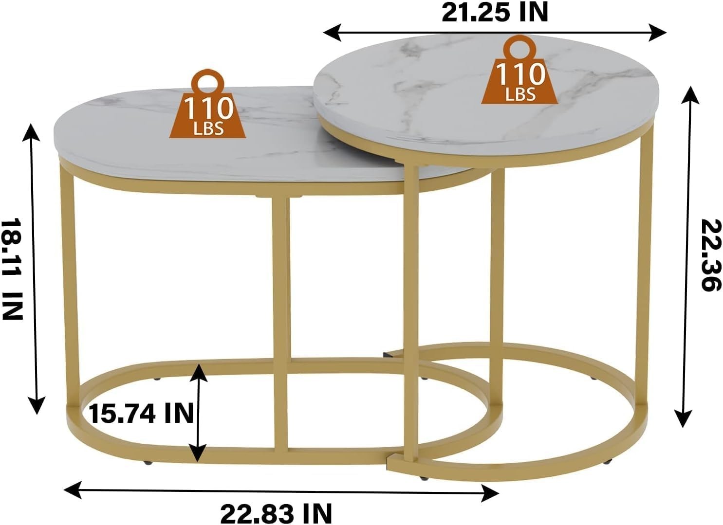 2-Piece Nesting Coffee Tables Set Marble Top Metal Frame Space Saving