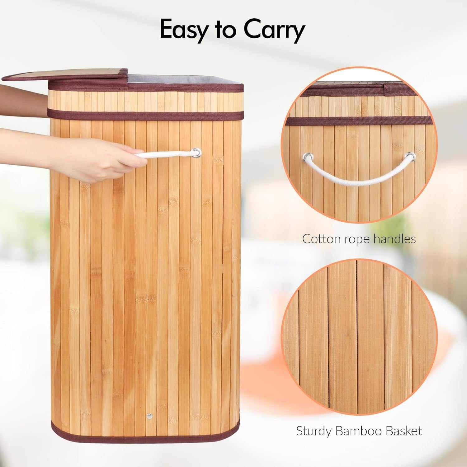Large Bamboo Laundry Hamper with Lid | Foldable Clothes Basket & Removable Liner
