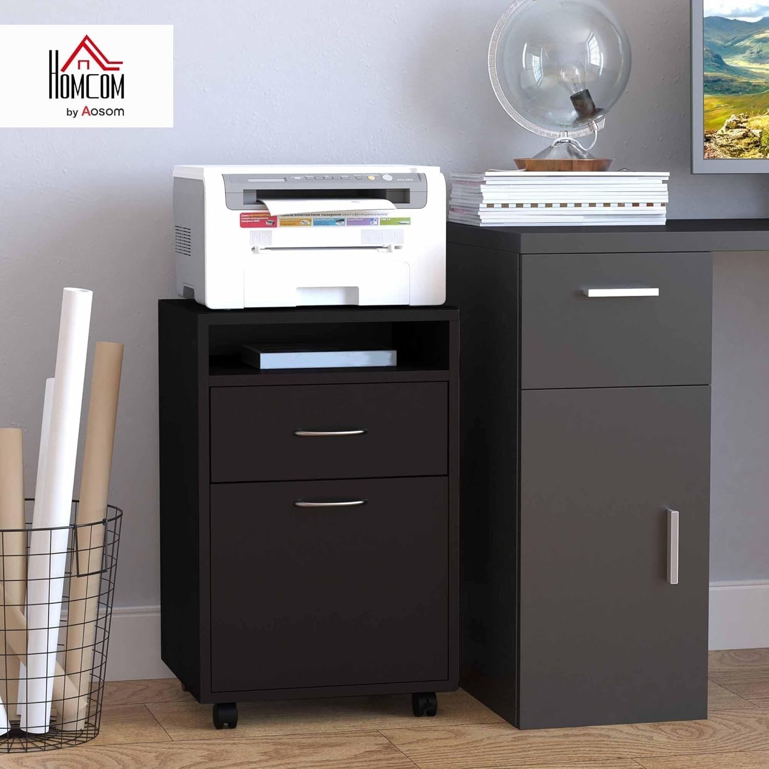 Black Mobile Filing Cabinet with Wheels Drawer Storage Home Office Without Key