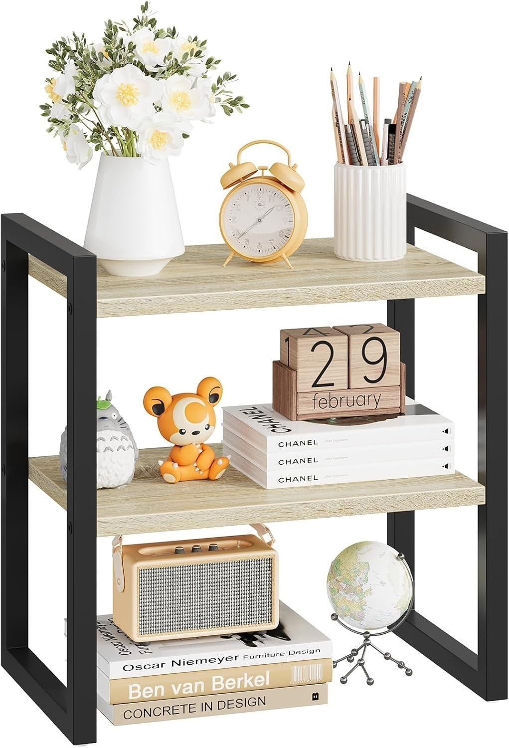 2-Tier Black & Natural Desk Shelf Desktop Bookshelf Organizer for Office & Home