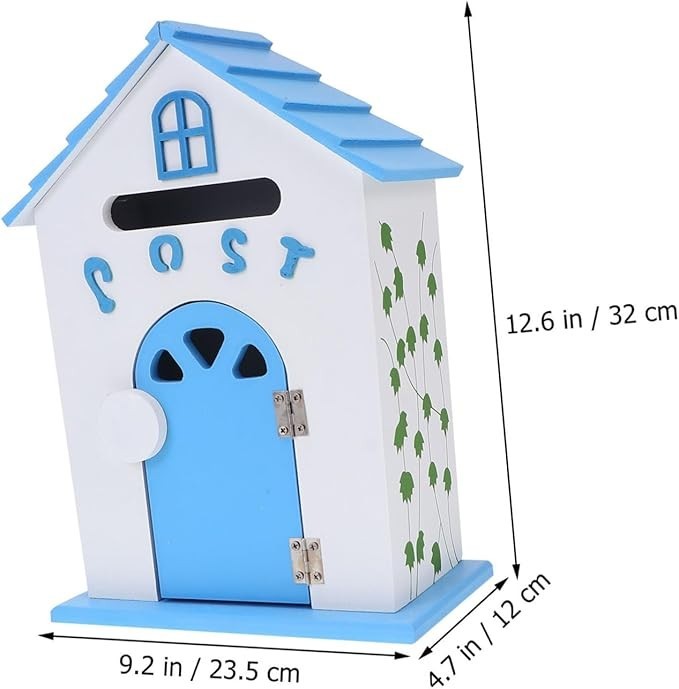Wall Mounted Wooden Mailbox Suggestion Box Blue Decorative Post Box 32cm