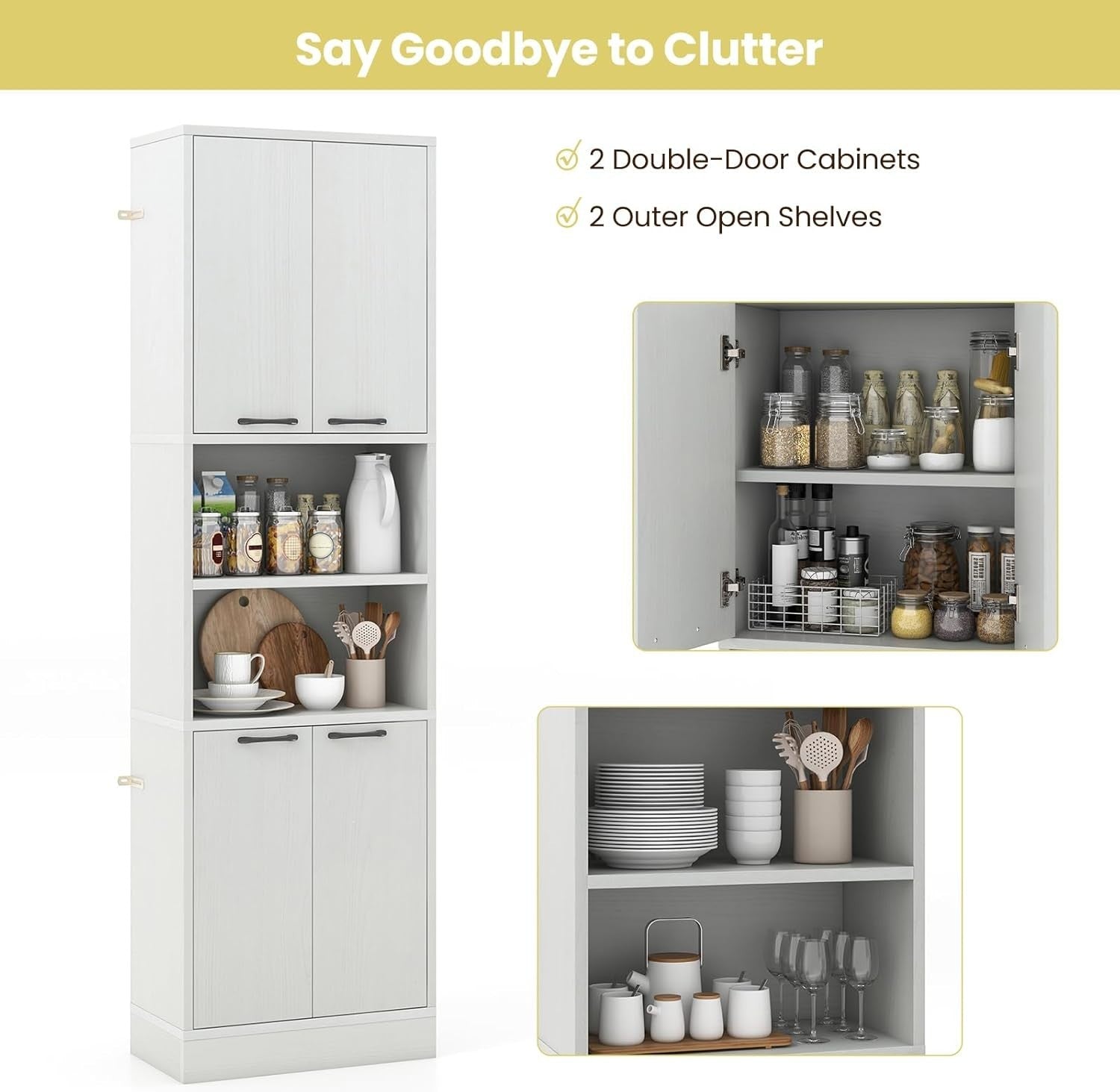 190cm Tall Kitchen Cupboard White Oak 4 Doors Open & Closed Storage Cabinet