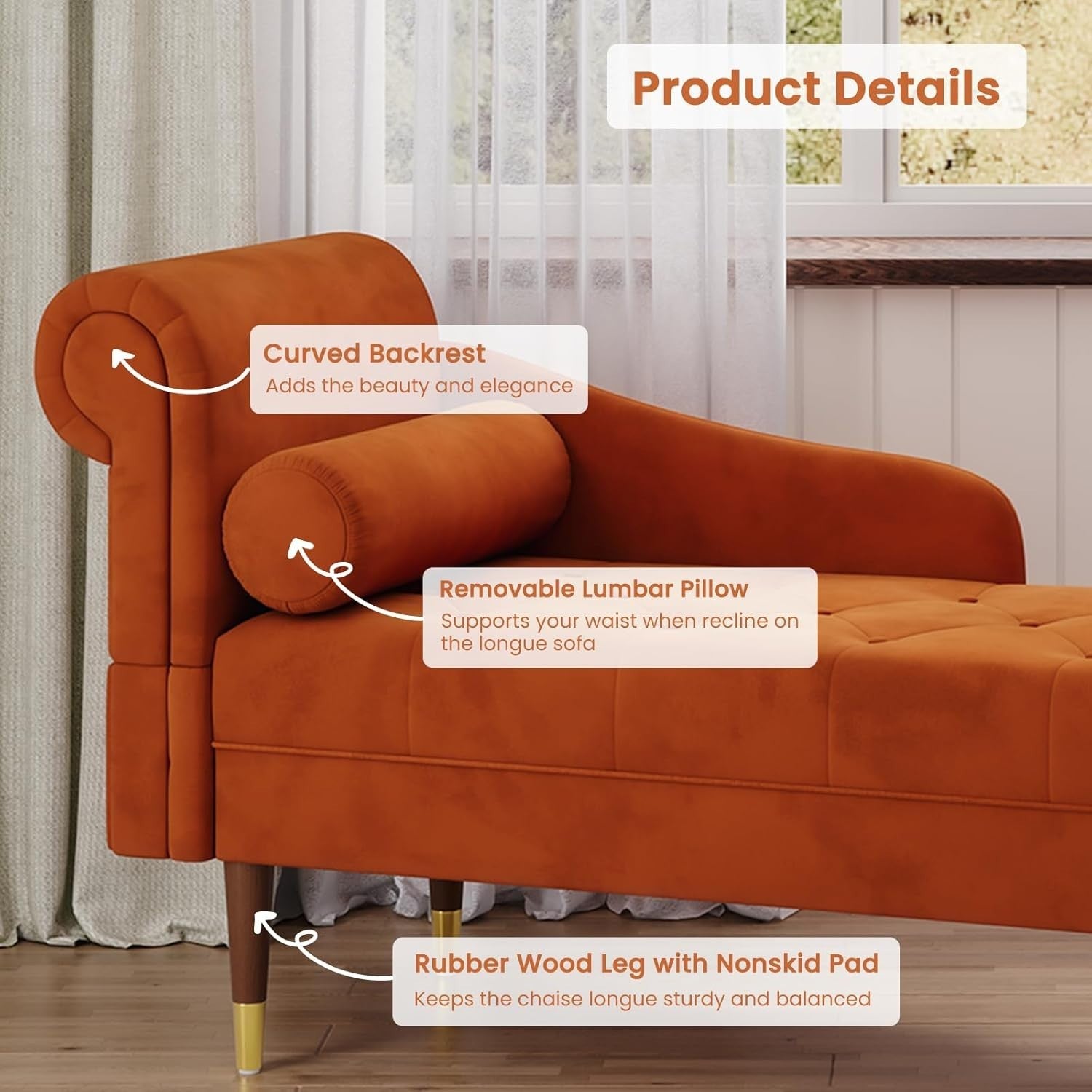 Orange Velvet Chaise Lounge Sofa Left Armrest + Pillow Compact & Stylish