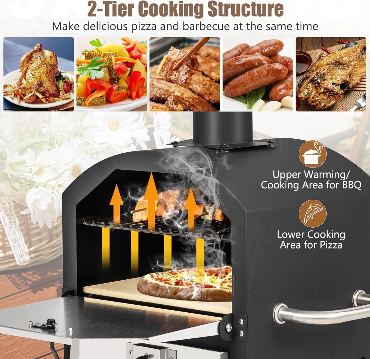 2-Layer Wood Fired Pizza Oven | Outdoor BBQ Grill, Stone & Peel Set | Foldable