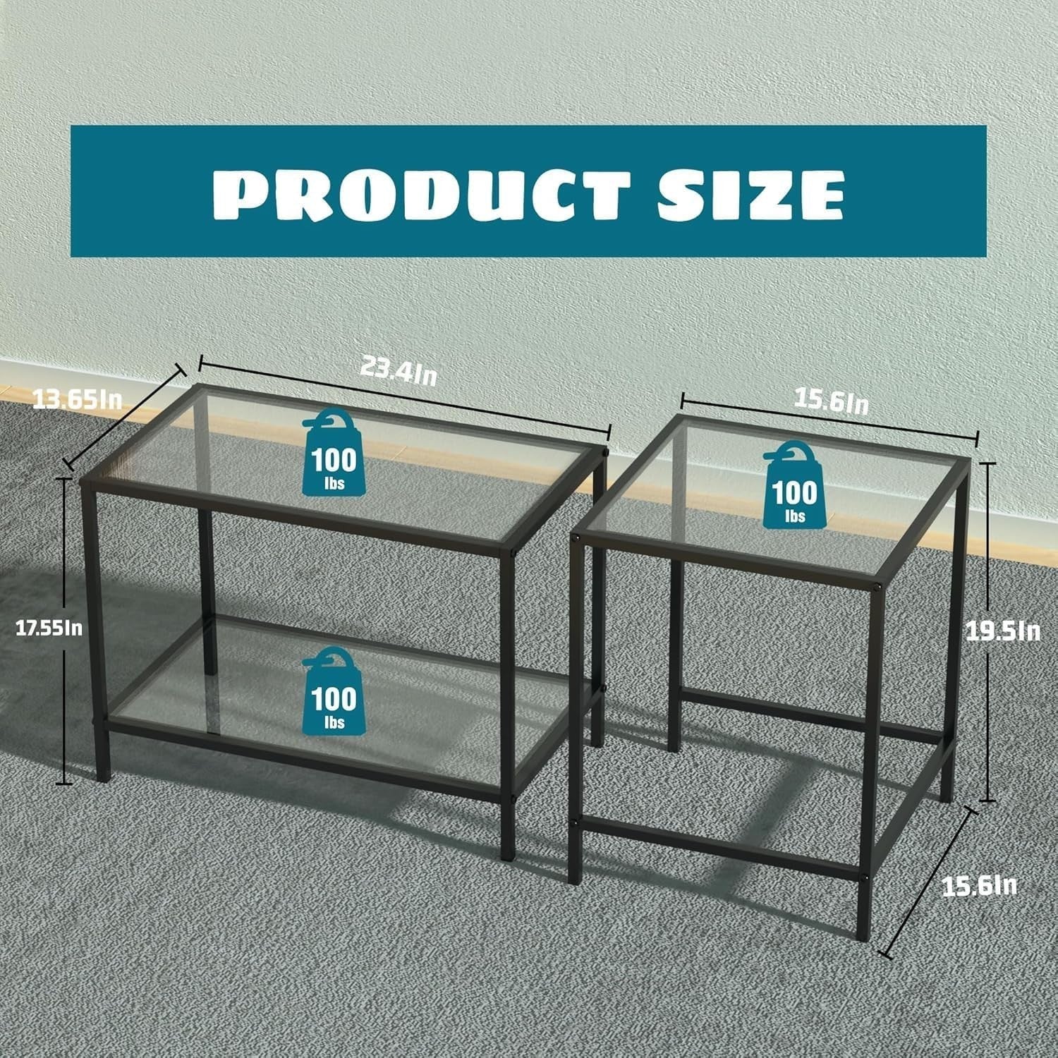 Modern Nesting Coffee End Table Set Glass Top Black Iron Frame Rectangular