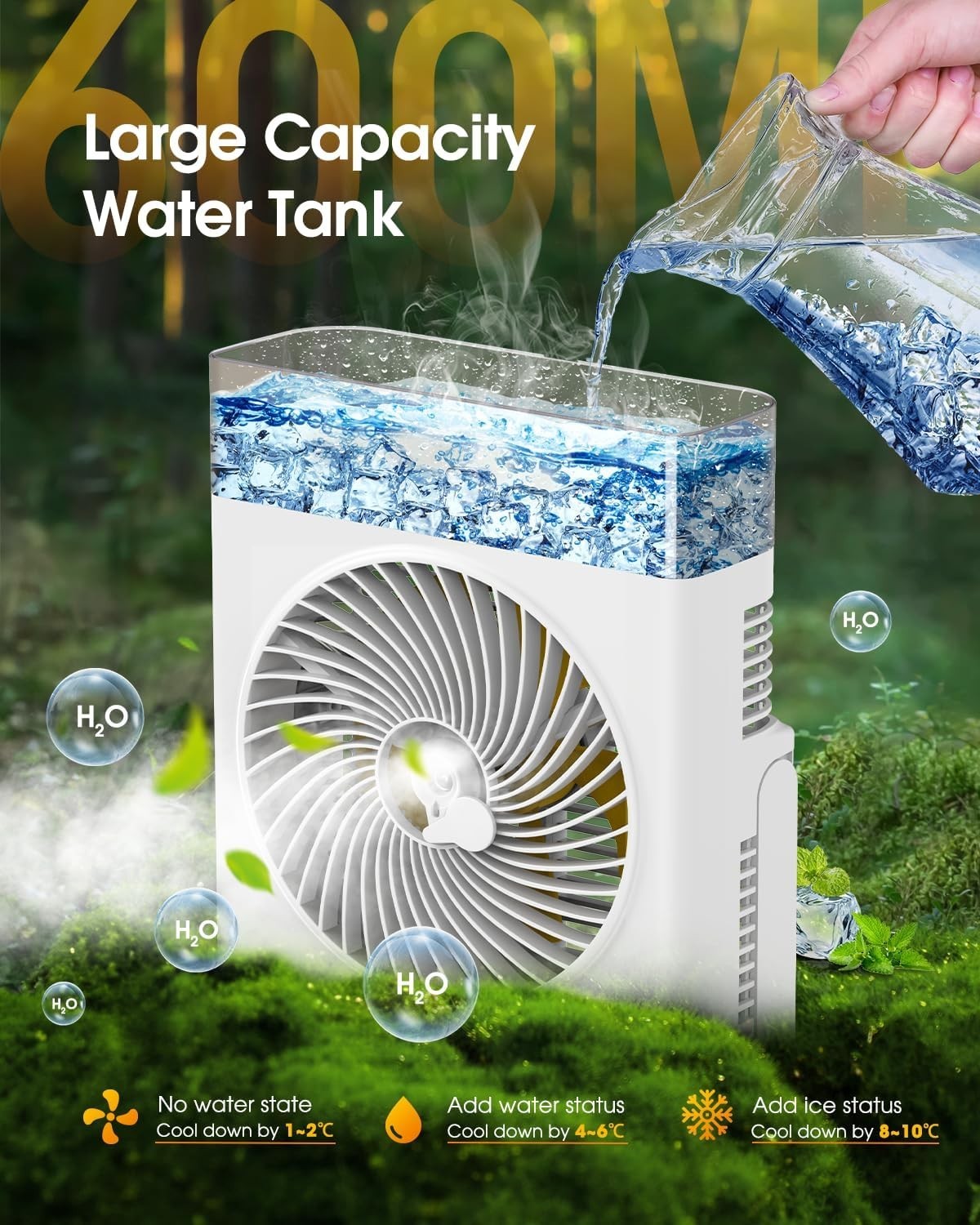 8-Inch Misting Fan 16000mAh – Rechargeable Cooling Fan w/ 600ml Water Tank White