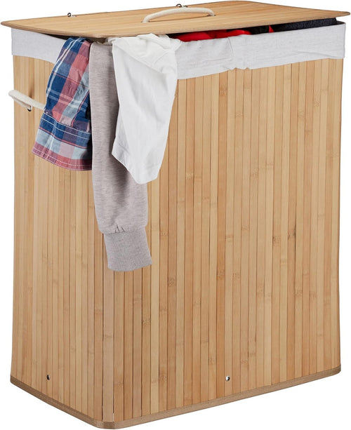 95L Bamboo Laundry Hamper 2 Compartment Basket with Lid & Handles Natural