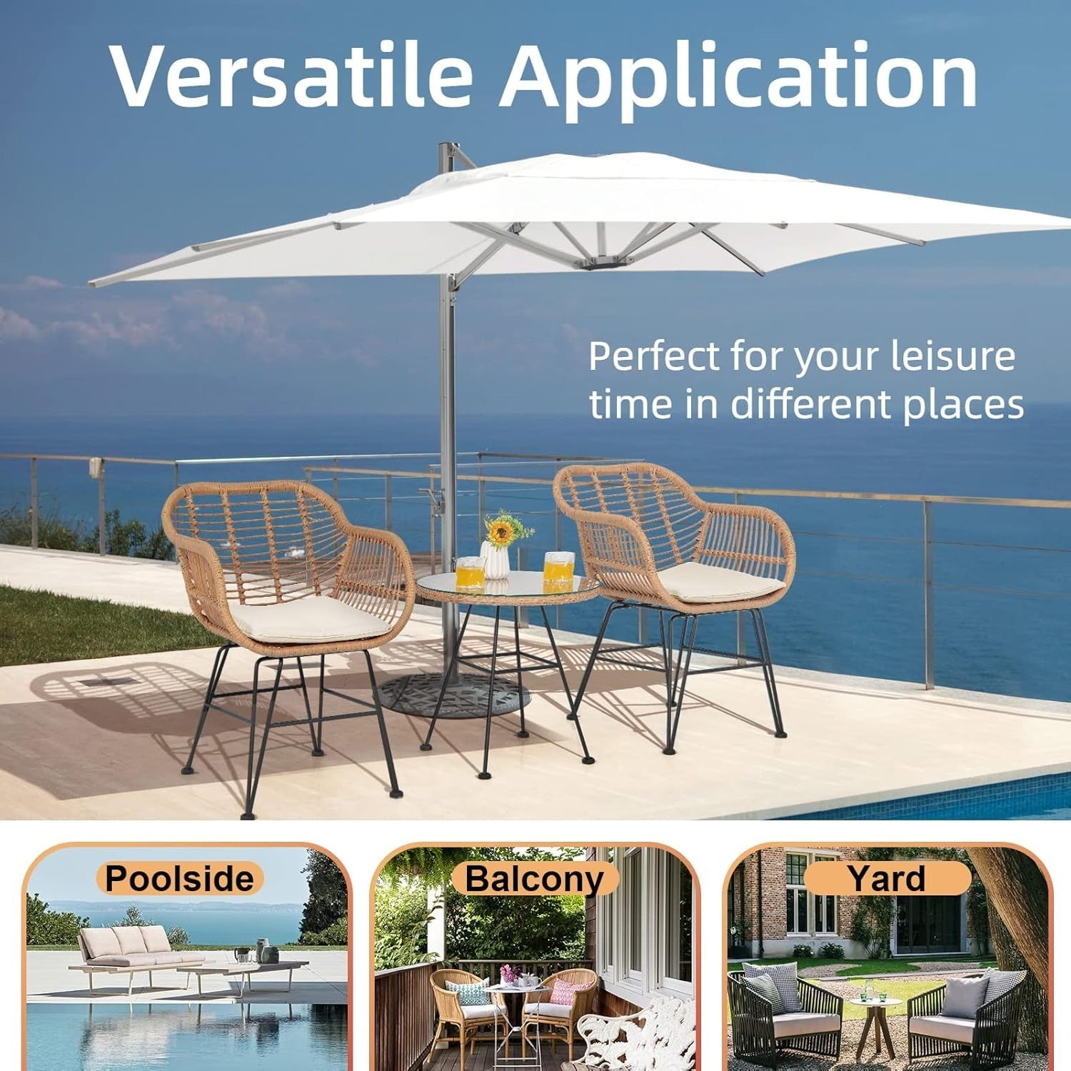 Outdoor Rattan Bistro Chairs Set with Glass Coffee Table Balcony Patio Seating