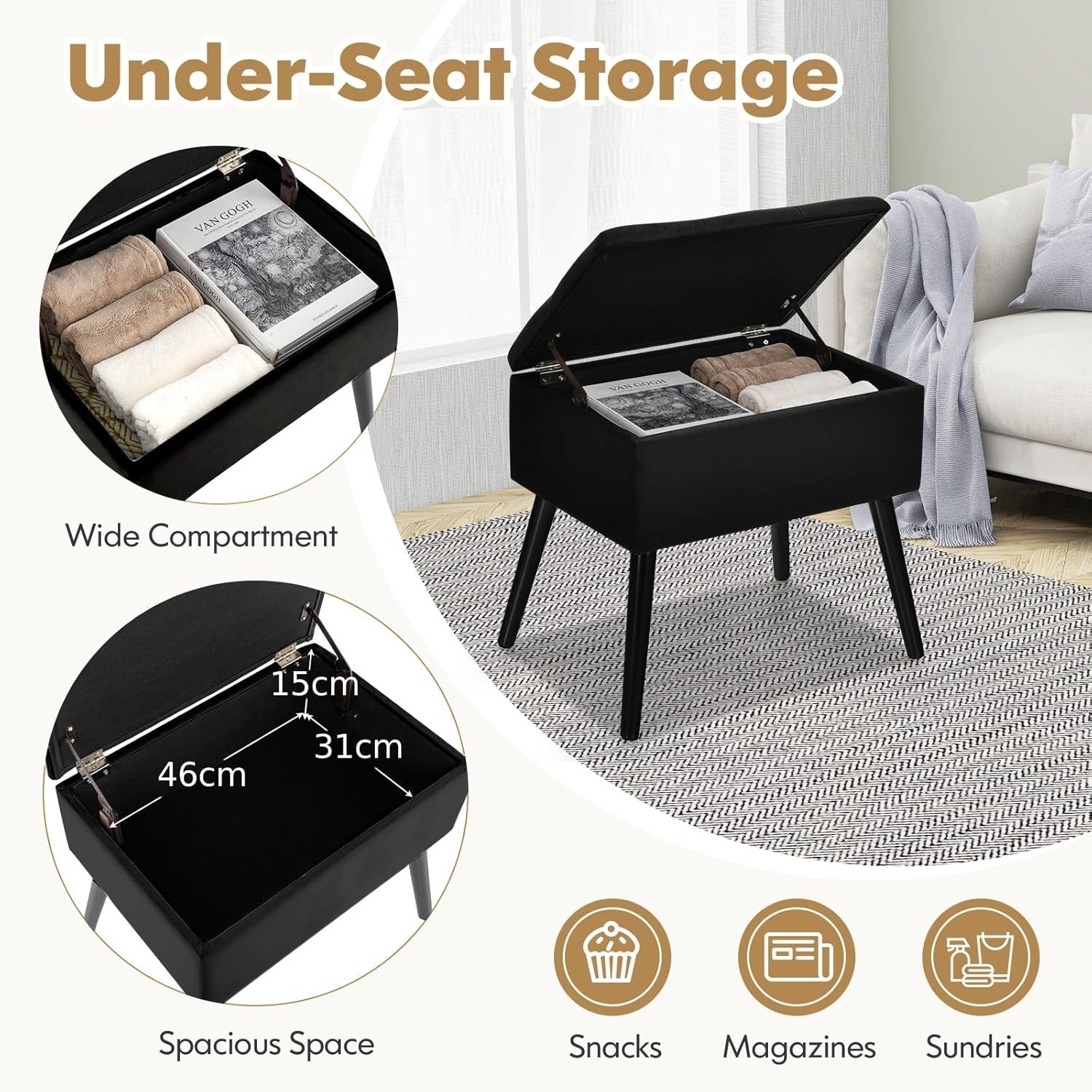 Black Velvet Flip-Top Footstool Storage Ottoman Vanity Stool with Wood Legs