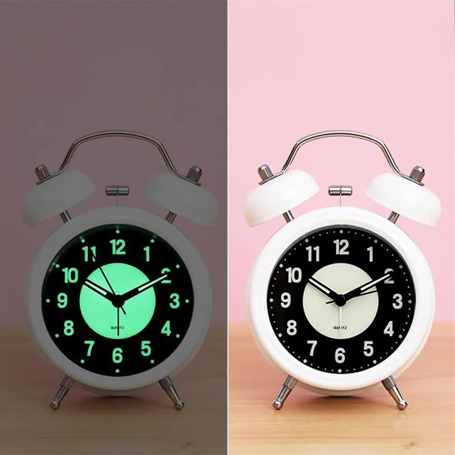 Vintage Silent Analog Alarm Clock Loud Bell Backlight Retro Bedside Black
