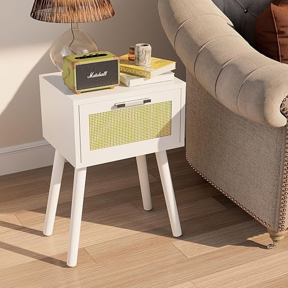 Set of 2 White Bedside Tables with Rattan Drawer & Wood Legs, Modern Nightstands