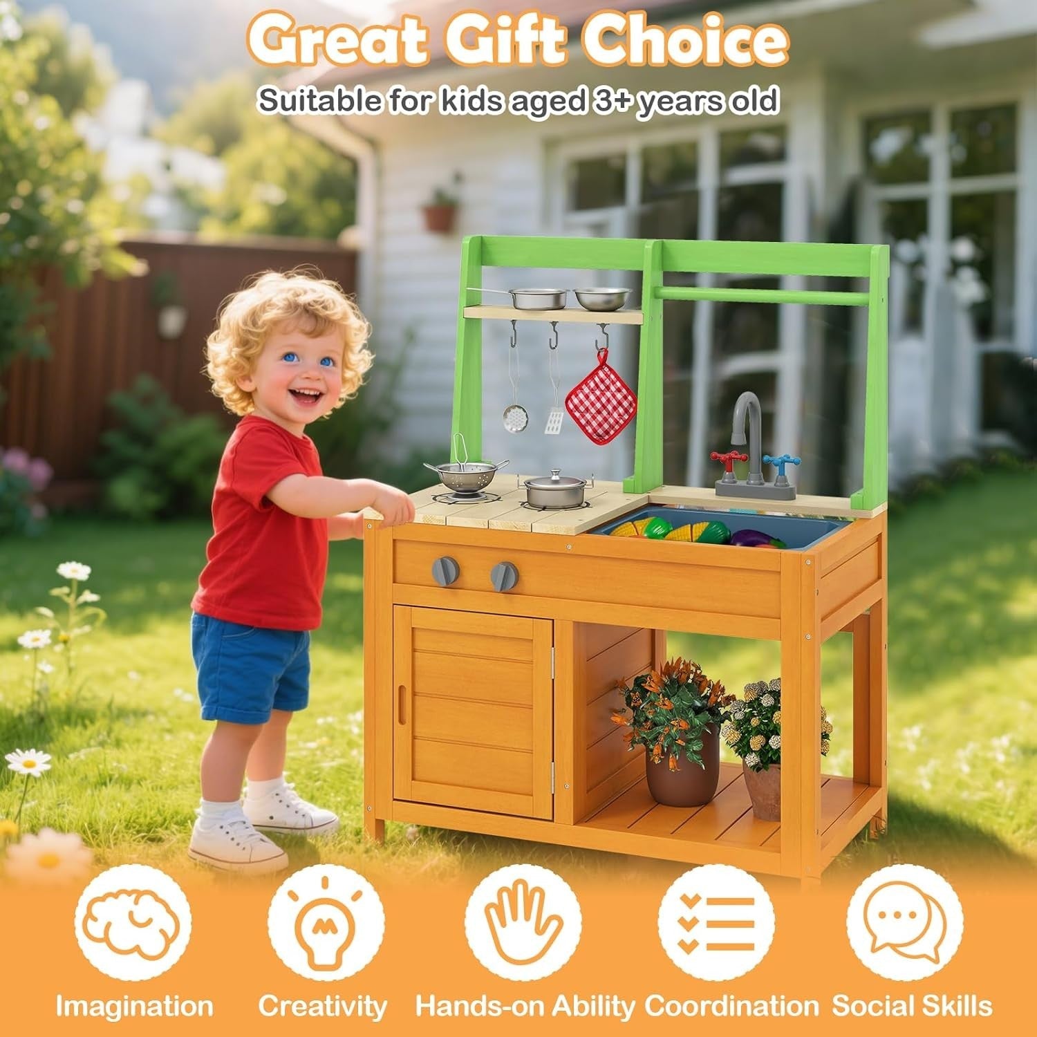 Outdoor Mud Kitchen Wooden Kids Playset Sink Oven Cooking Toy
