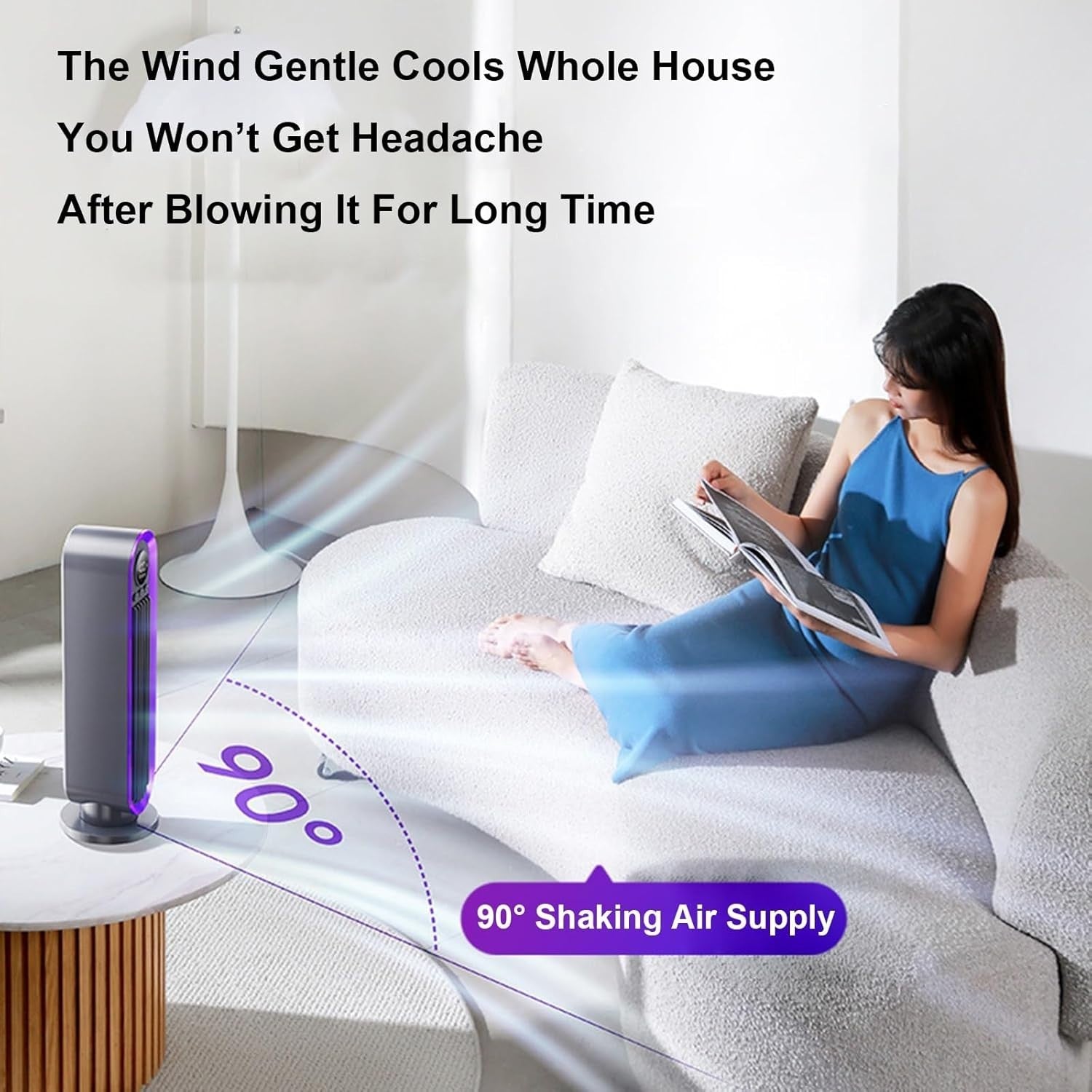 Silent Tower Fan 90° Oscillating 3-Speed Quiet Cooling LED Display Timer White