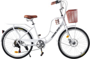 26-Inch Vintage City Bike for Women | 7-Speed, Dual Disc Brakes, Basket