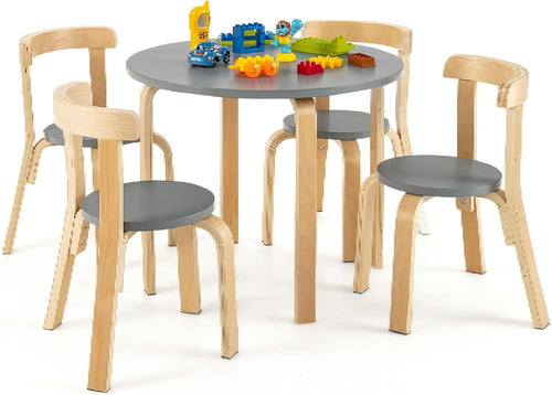 Kids Table & 4 Chairs Set Solid Wood Stackable Ergonomic Grey Furniture