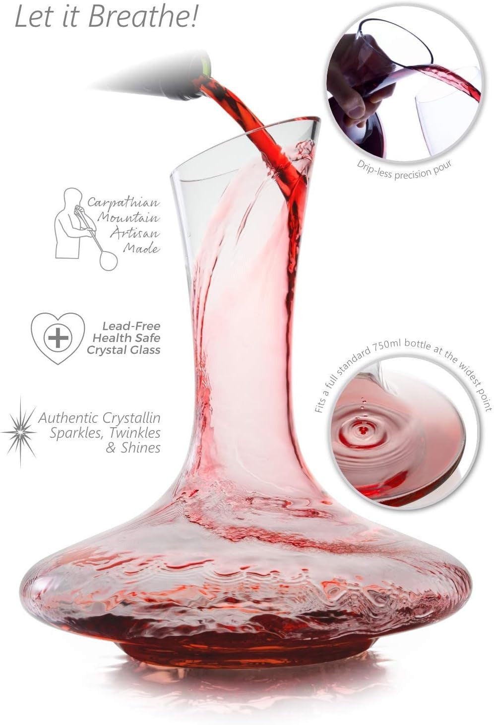 1L Handmade Crystal Wine Decanter with Cork Stopper Mat Coasters Gift Set
