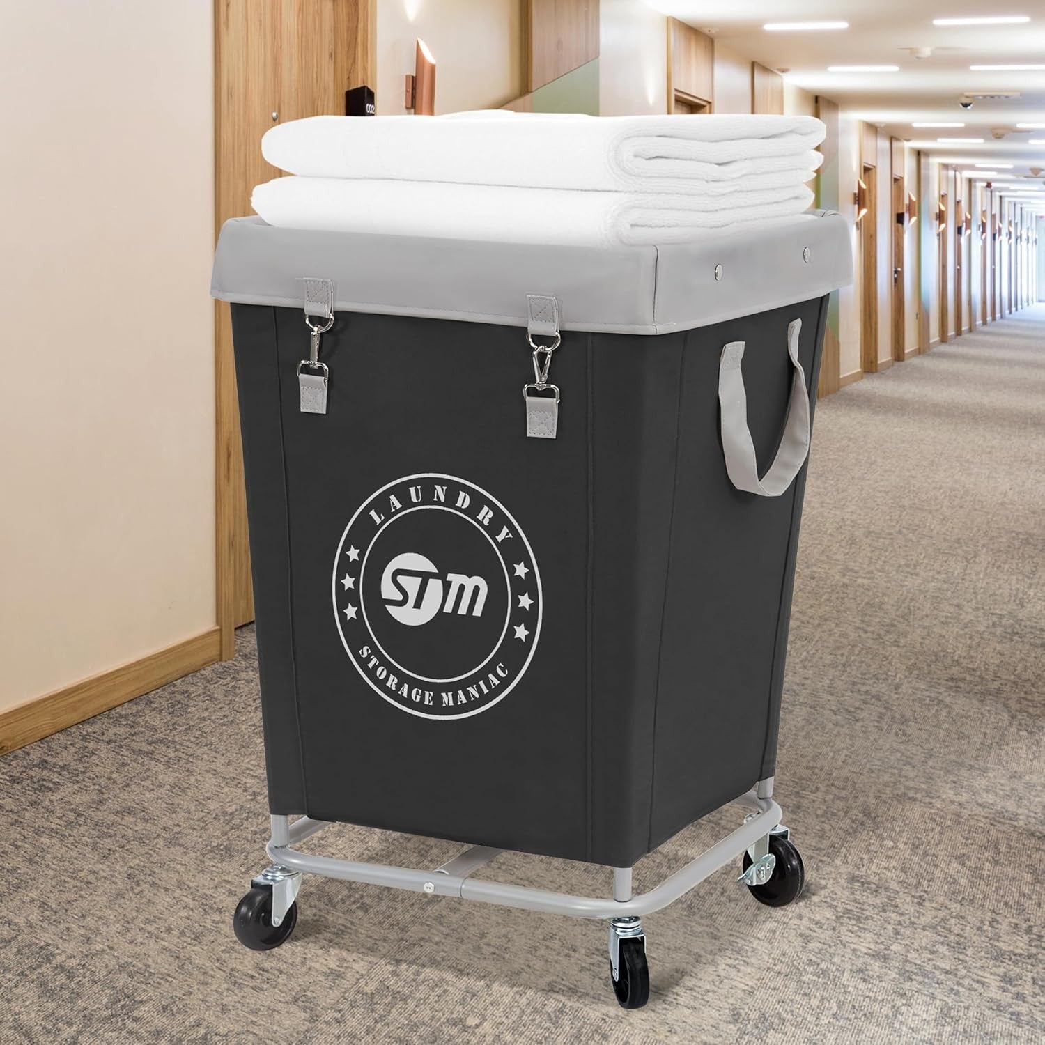 160L Commercial Laundry Hamper on Wheels | Heavy-Duty Steel Cart | Large Black B