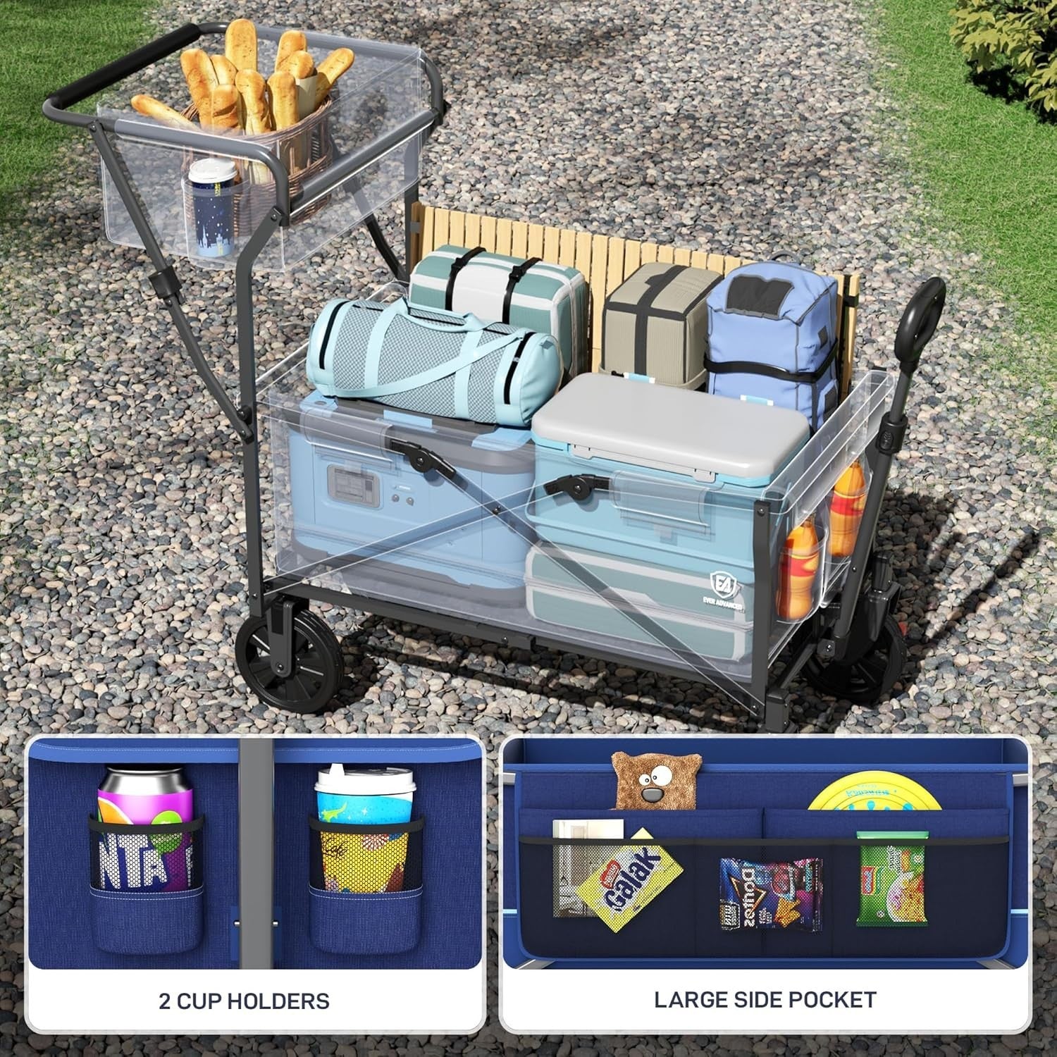 Blue 120kg Folding Camping Wagon Push Pull Trolley w/ Basket & Pockets