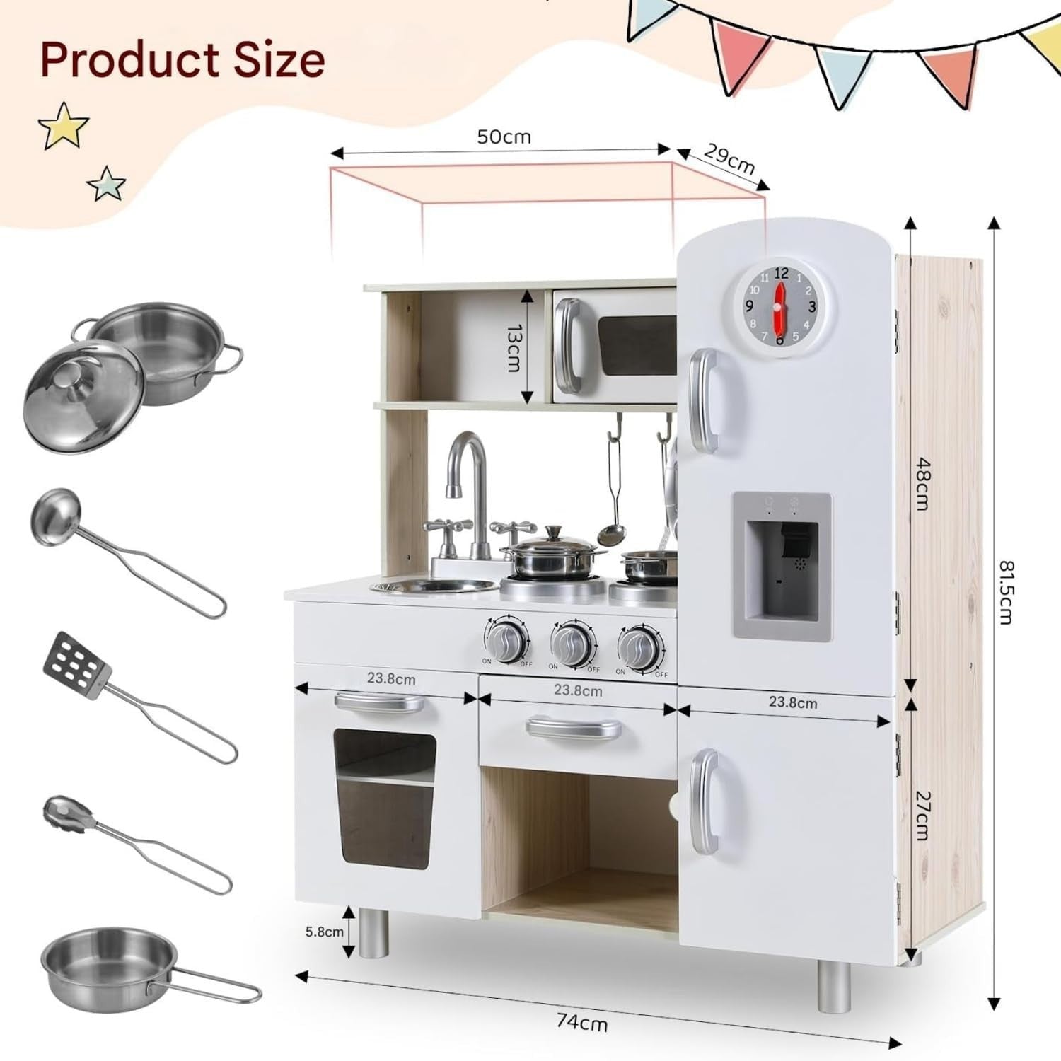 Kids Wooden Play Kitchen Set w/ Lights Sounds Ice Cream Maker
