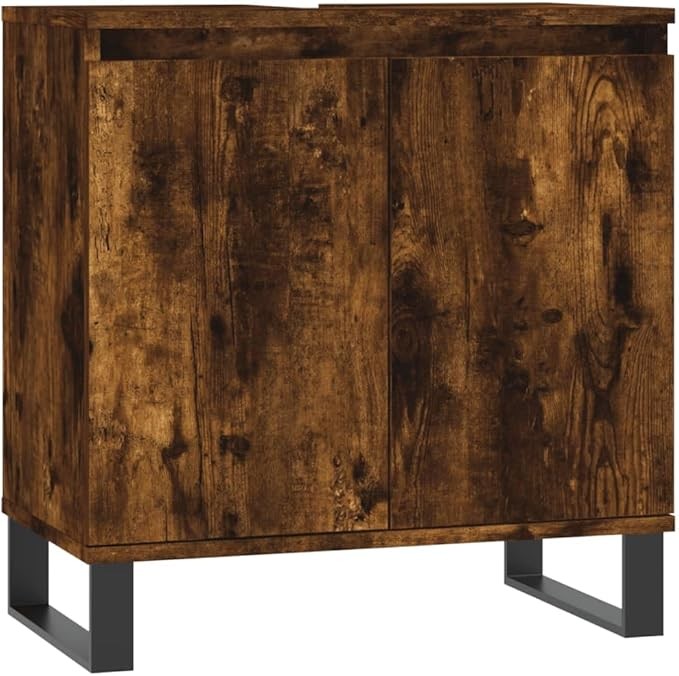 Rustic Oak Under Sink Bathroom Cabinet 58cm Modern Vanity Unit w/ Metal Legs