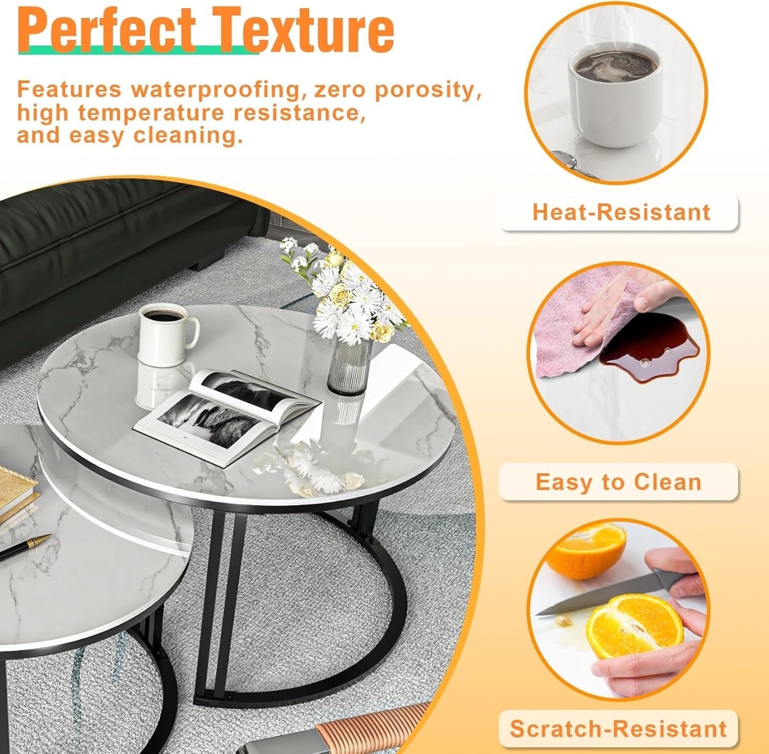 Round Nesting Coffee Table White Sintered Stone Metal Legs Space Saving Luxury