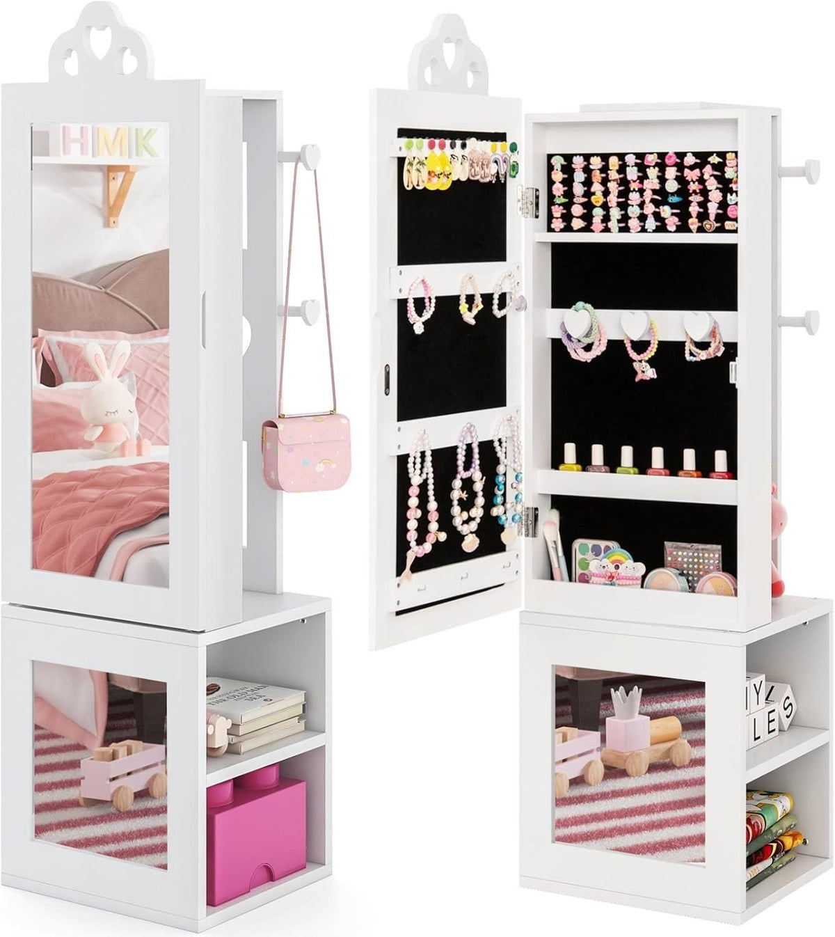 Kids Jewelry Cabinet Mirror Organizer with Clothes Rack Storage Shelves