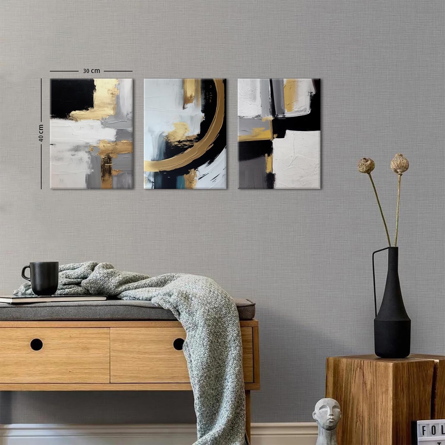 Set of 3 Black & White Abstract Canvas Wall Art 30x40cm