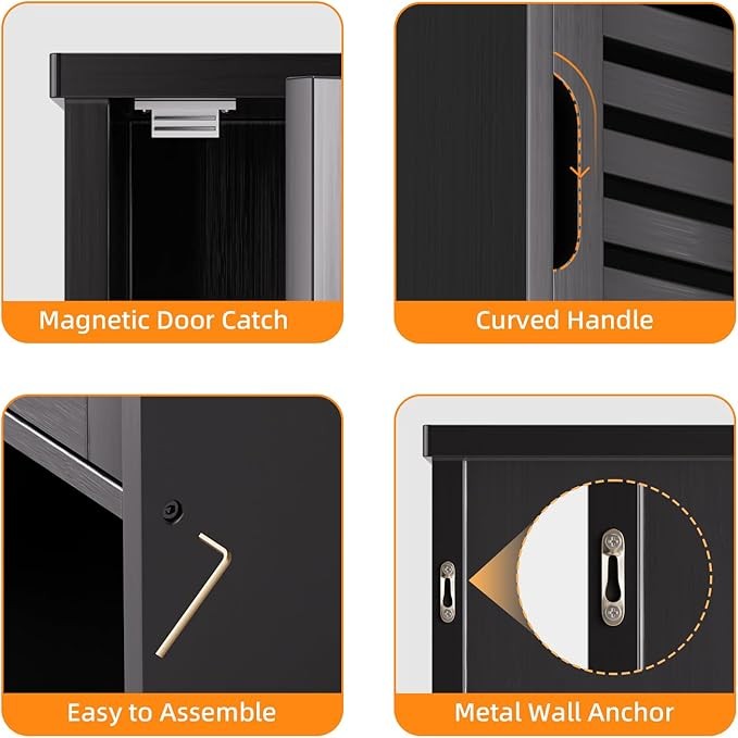 Wall Mounted Bathroom Cabinet Black Bamboo Cupboard Adjustable Shelf Storage Uni