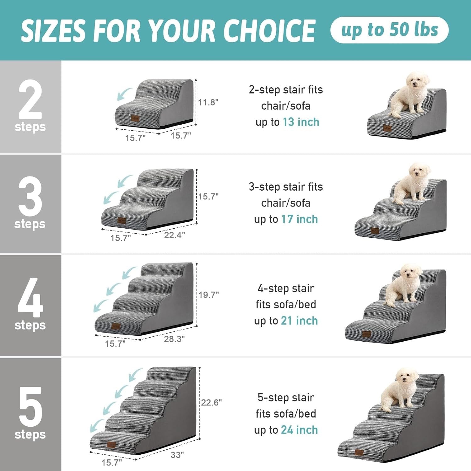 Dog Stairs for Small Dogs 5 Step Foam Pet Ramp Bed Sofa Grey