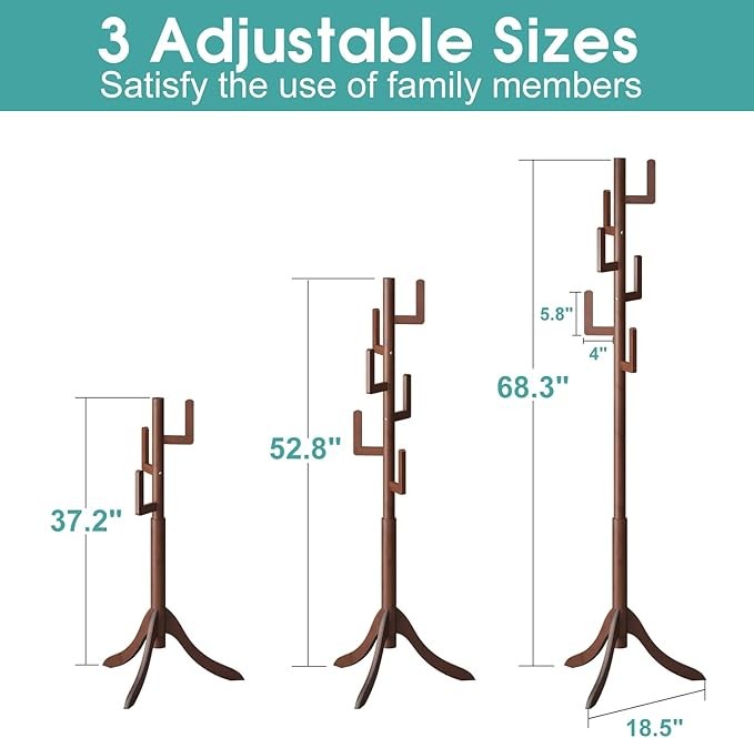 Brown Bamboo Coat Rack Freestanding 6 Hooks | Adjustable Wooden Hall Tree