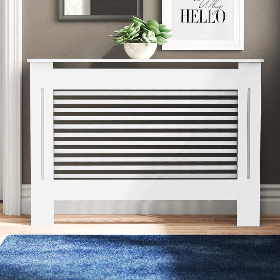 Modern White Radiator Cover Cabinet 92cm MDF Horizontal Slatted Heater Shelf