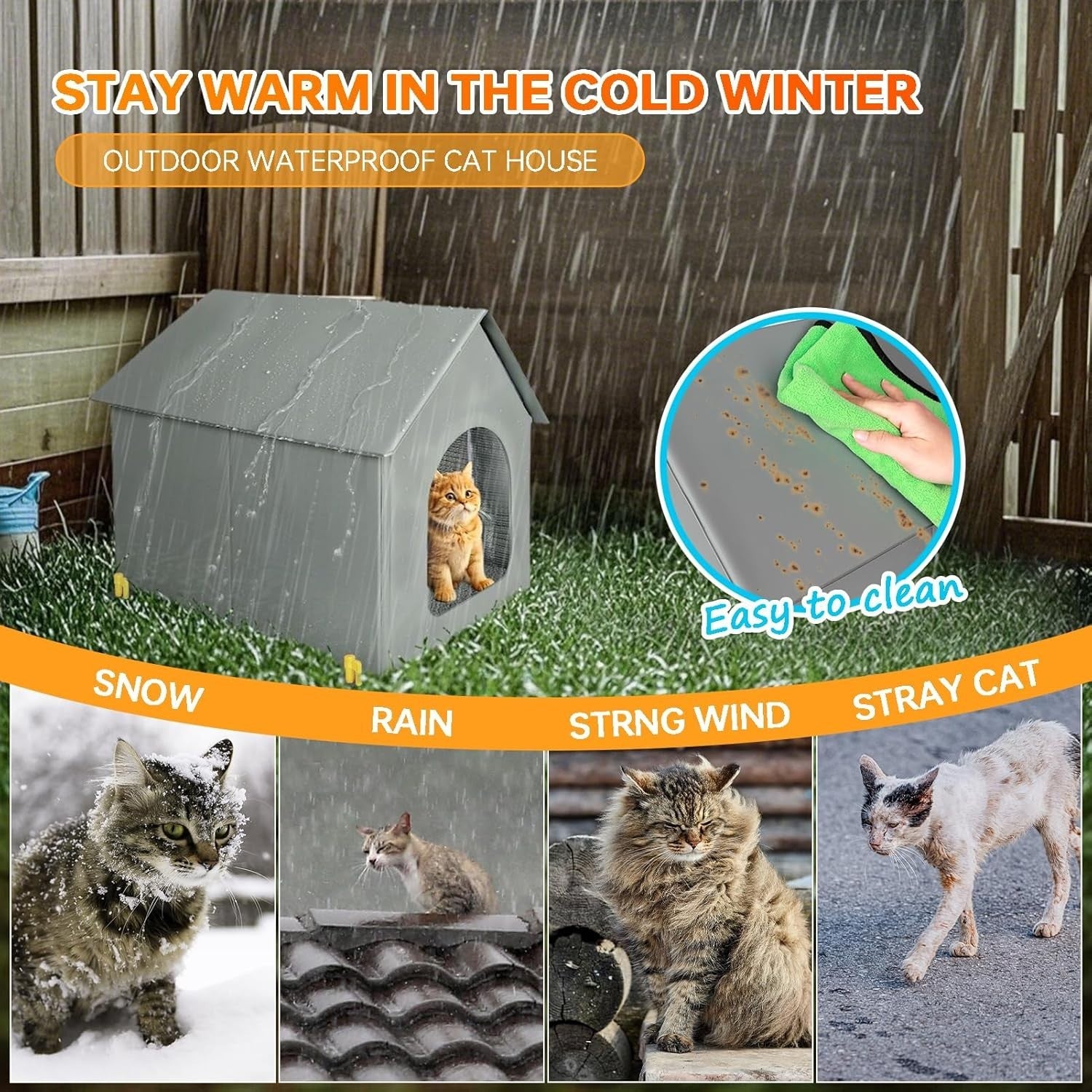 Outdoor Insulated Cat House Waterproof Feral Shelter with Removable Mat Grey