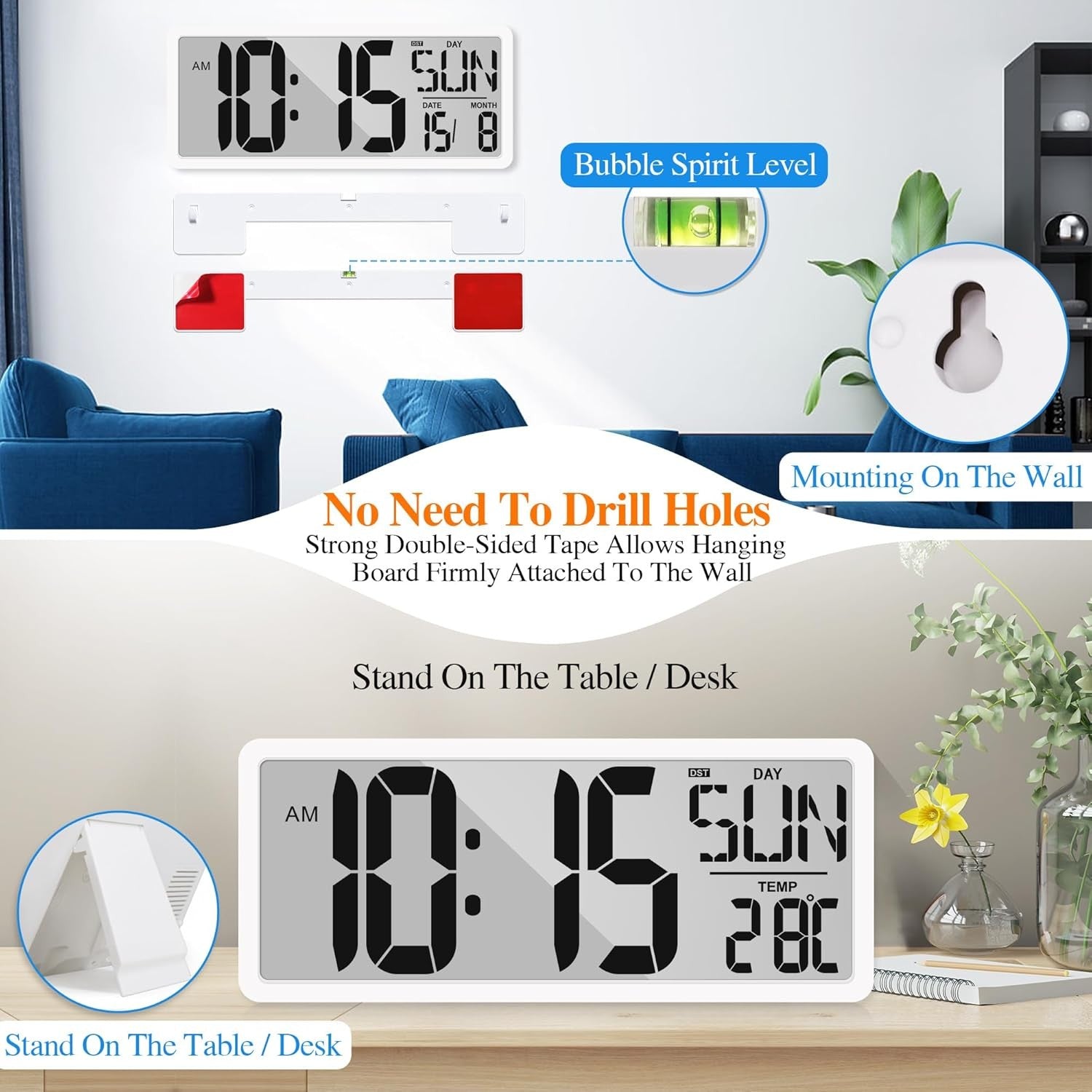 Large Digital Wall Clock 15'' LED Display Alarm Date Temp Backlight