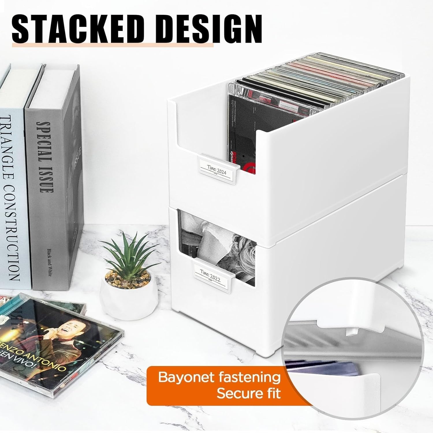 CD Storage Box Stackable Organizer Holds 25 CDs Plastic Media Holder White