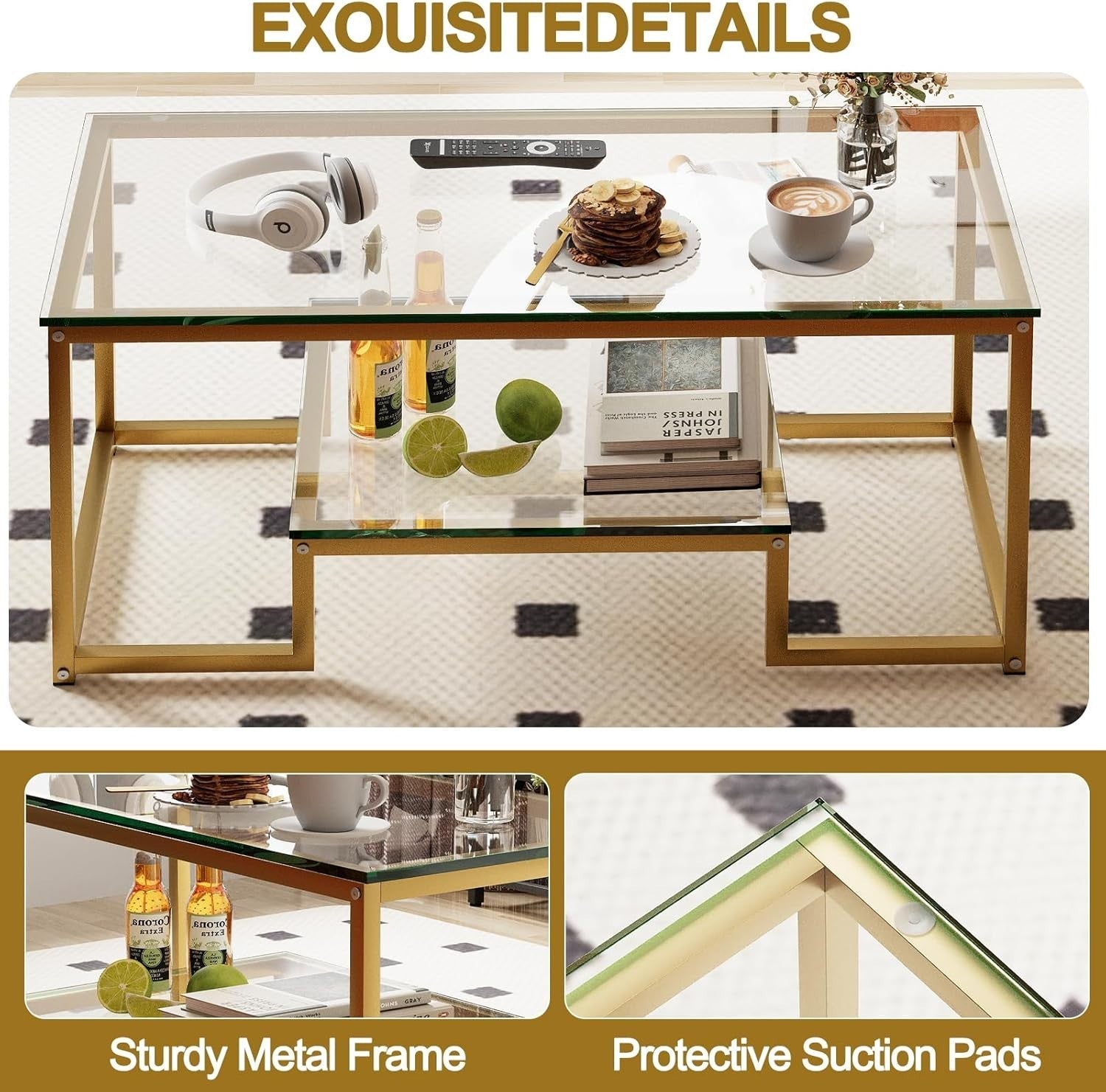 Gold Glass Coffee Table 2 Tier – Modern Metal Frame Living Room Storage