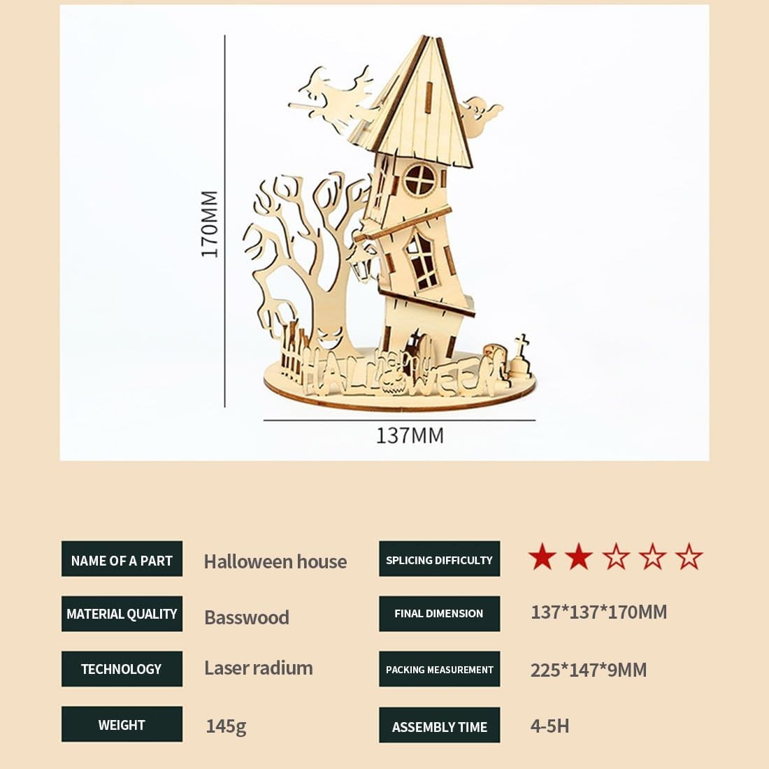 3D Wooden Halloween House Puzzle Kit for Adults – Haunted DIY Decor Gift